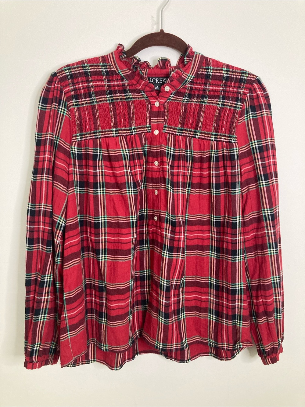 J. Crew Red Plaid Ruffle-Neck Button Down Shirt
